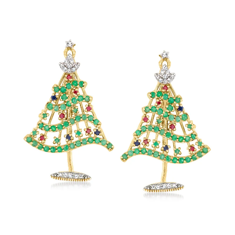 Ross-Simons Multi-Gemstone Christmas Tree Drop Earrings in 18kt Gold Over Sterling