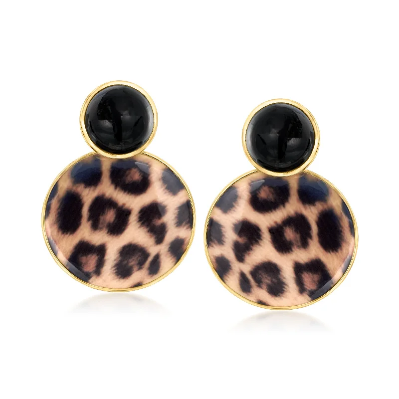 Ross-Simons Onyx and Removable Leopard-Print Enamel Drop Earrings in 18kt Gold Over Sterling