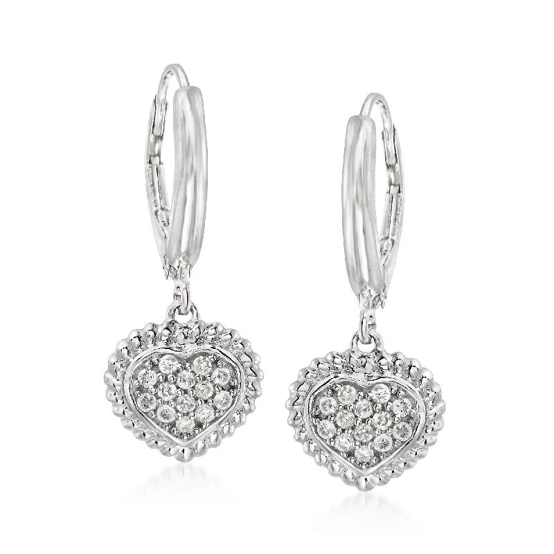 Ross-Simons Pave Diamond Heart Drop Earrings in Sterling Silver