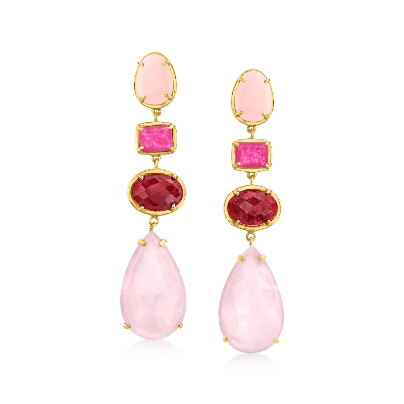 Ross-Simons Pink Opal, Multicolored Quartz and Ruby Drop Earrings in 18kt Gold Over Sterling