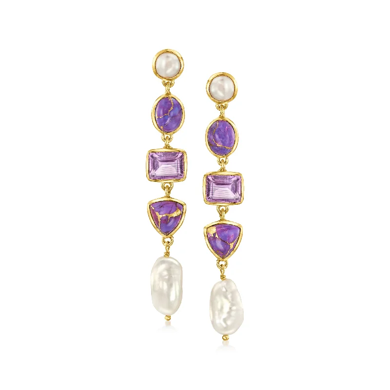 Ross-Simons Purple Turquoise, 6-9mm Cultured Pearl and Amethyst Drop Earrings in 18kt Gold Over Sterling