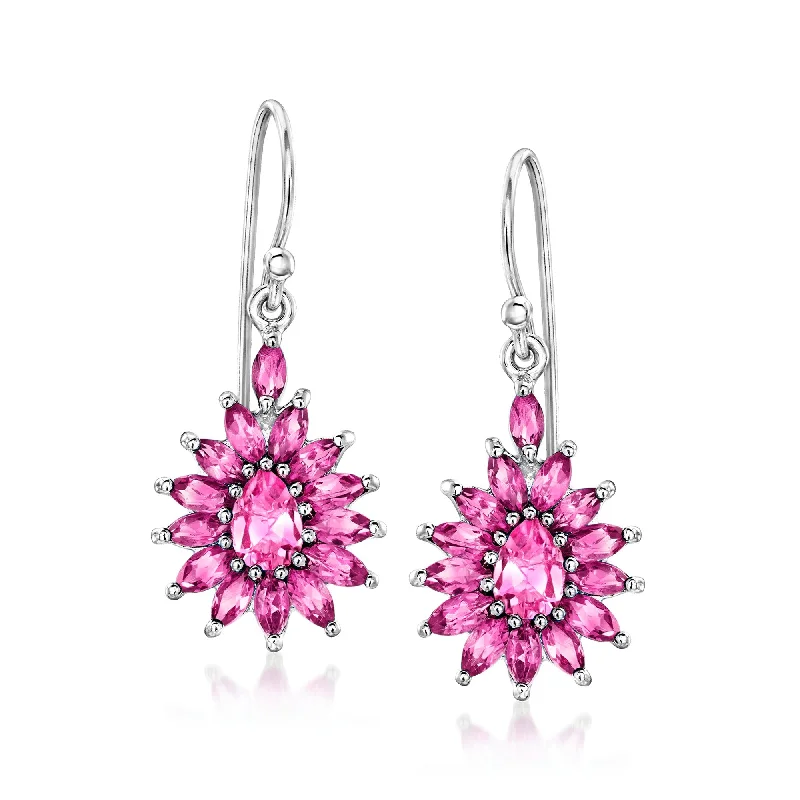 Ross-Simons Rhodolite Garnet and . Pink Topaz Flower Drop Earrings in Sterling Silver