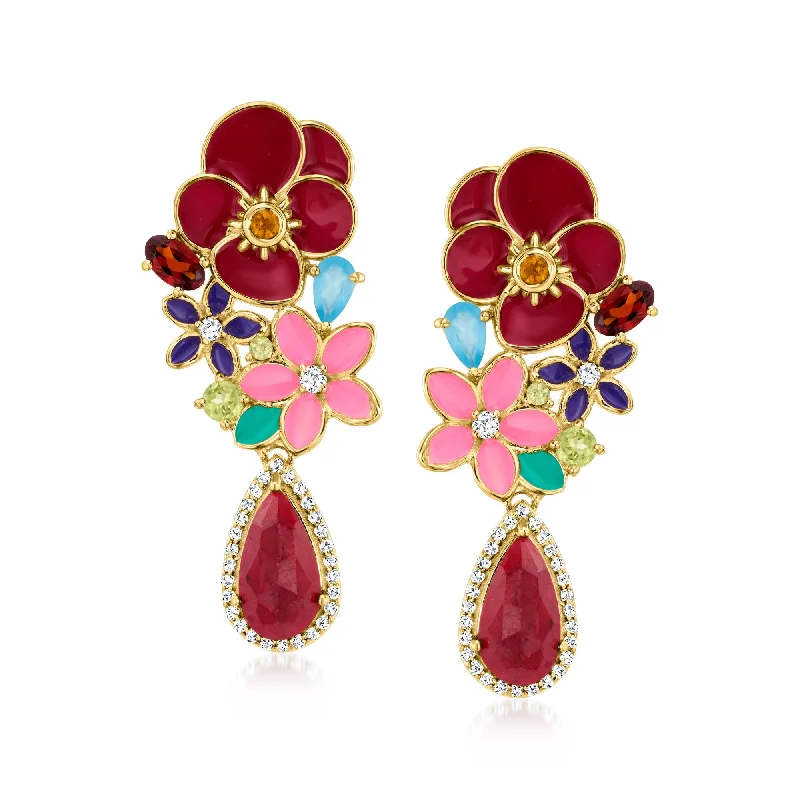 Ross-Simons Ruby and Multi-Gemstone Floral Drop Earrings With Multicolored Enamel in 18kt Gold Over Sterling