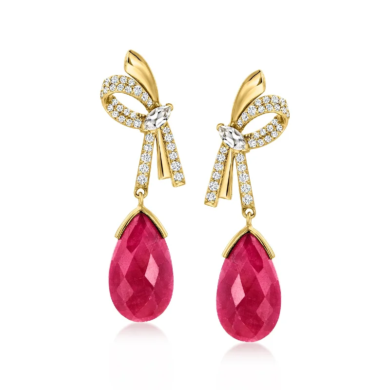 Ross-Simons Ruby Bow Drop Earrings With White Topaz in 18kt Gold Over Sterling