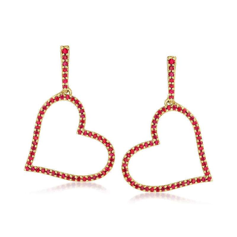 Ross-Simons Ruby Heart Drop Earrings in 18kt Gold Over Sterling