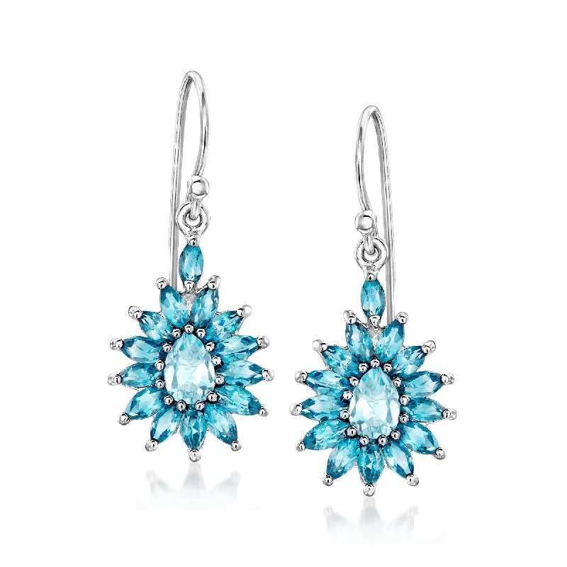 Ross-Simons Swiss and London Blue Topaz Flower Drop Earrings in Sterling Silver