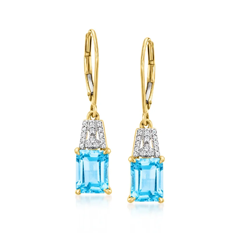 Ross-Simons Swiss Blue Topaz and . Diamond Drop Earrings in 18kt Yellow Gold