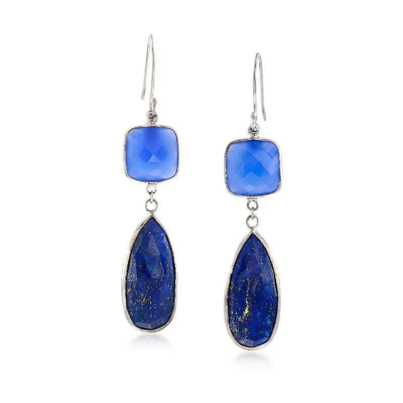 Ross-Simons Teardrop Lapis and Cushion-Cut Blue Chalcedony Drop Earrings in Sterling Silver