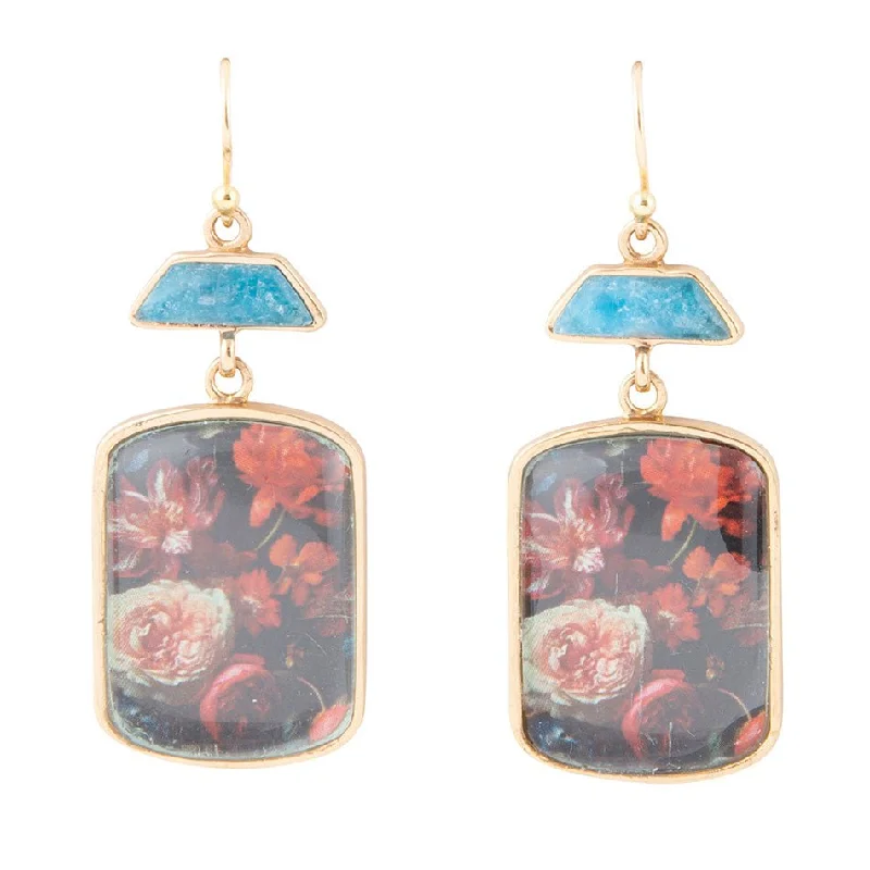 Scenic Floral Blue Apatite Golden Drop Earrings