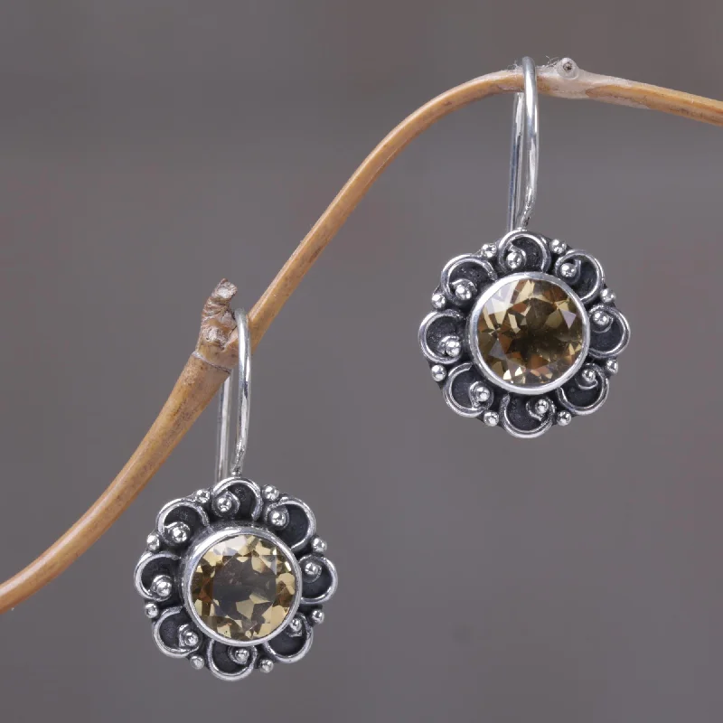 Singaraja Sunflower Sterling Silver and Citrine Sunflower Drop Earrings