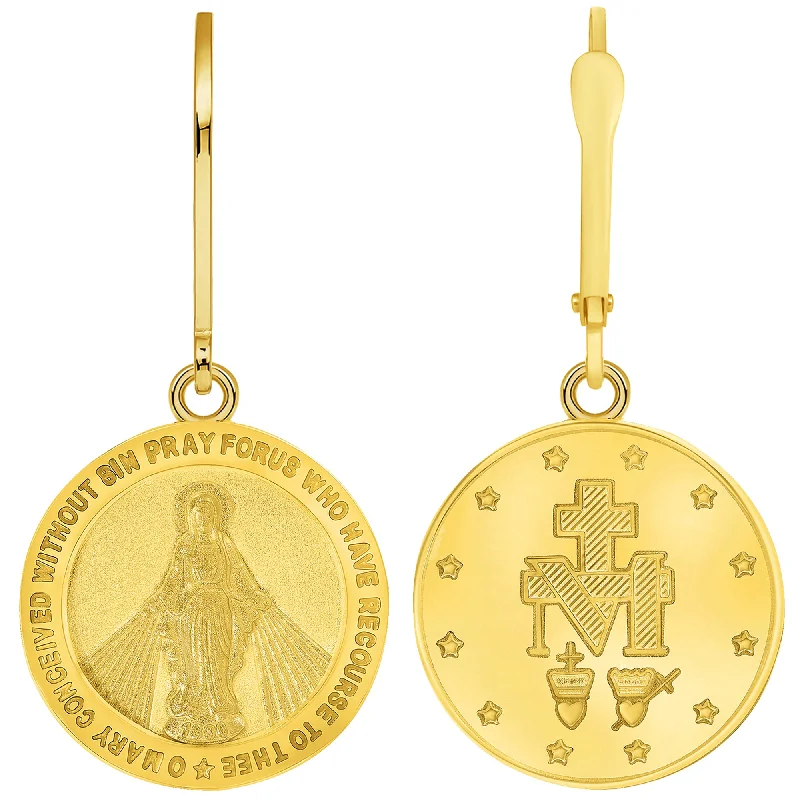 Solid 14k Yellow Gold Classic Miraculous Medallion of the Virgin Mary Dangle Drop Earrings with Leverback