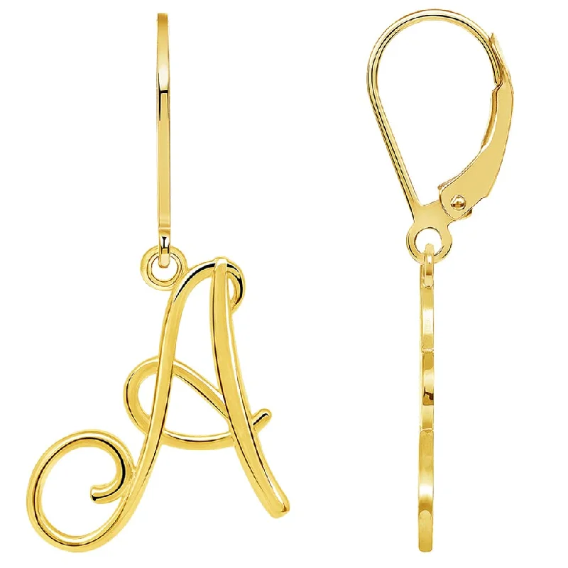 Solid 14k Yellow Gold Elegant Script Letter Cursive Initial Dangle Drop Earrings with Leverback - A to Z