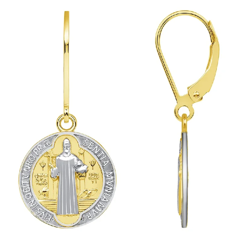 Solid 14k Yellow Gold Round Shaped St. Benedict Medallion Dangle Drop Earrings with Lever back (Reversible)