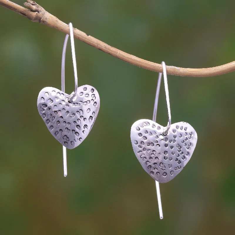 Speckled Hearts Sterling Silver heart Drop Earrings from Bali