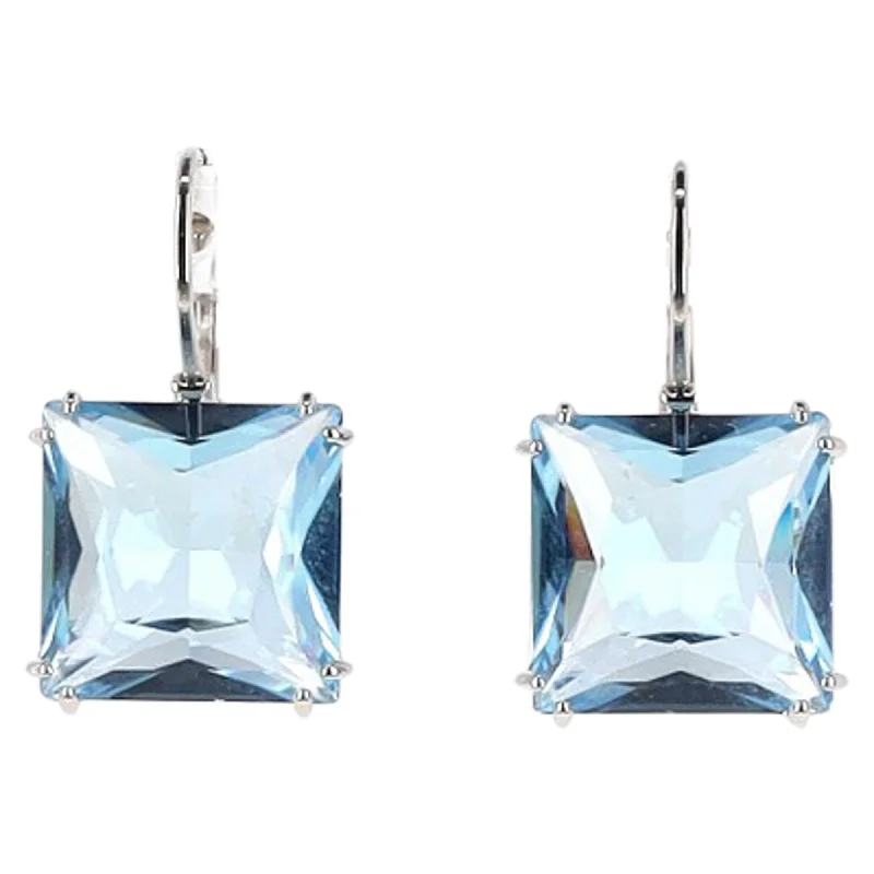 Swarovski Square Cut Millenia Drop Earrings in Blue Silver Rhodium Plating