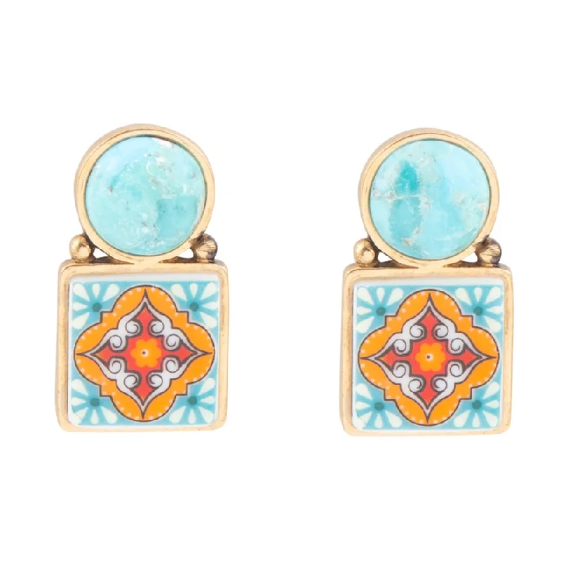 Talavera Tile Blue Turquoise Golden Drop Earrings