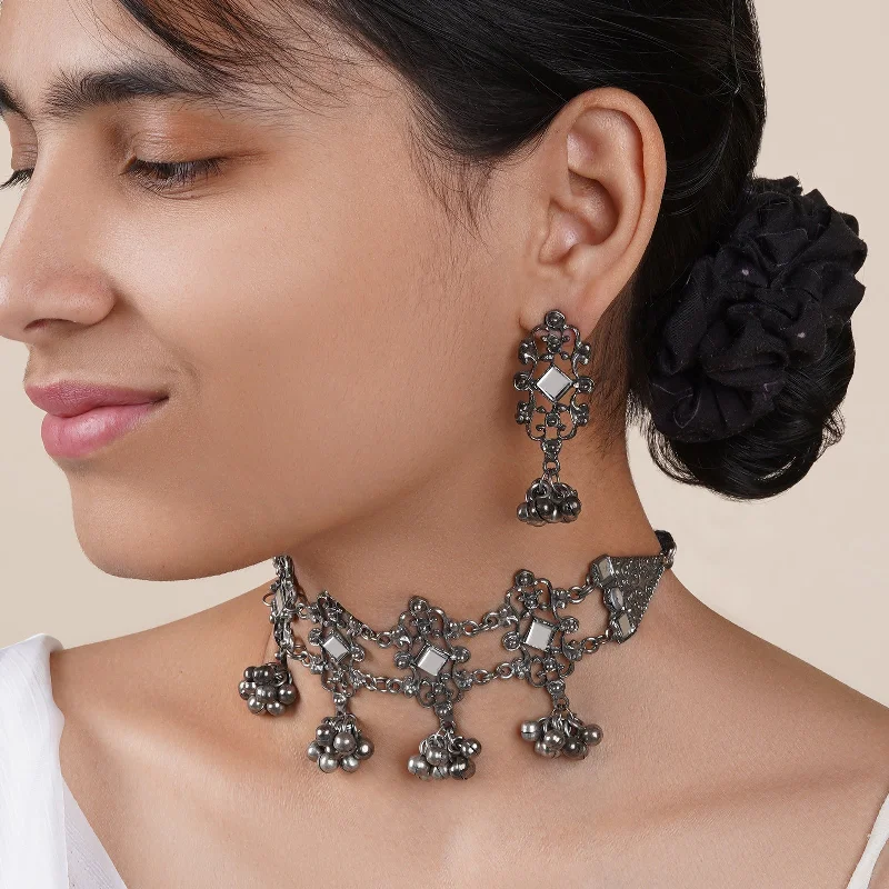 Teejh Gangol Ghungroo Silver Oxidised Necklace Set