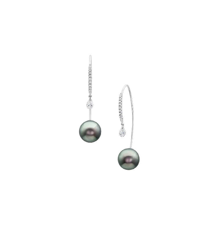 Sabel Collection White Gold Diamond and Black Pearl Drop Earrings