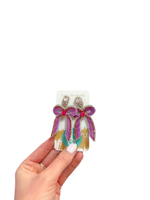 Women's Beaded Bow Drop Earrings In Magenta/purple