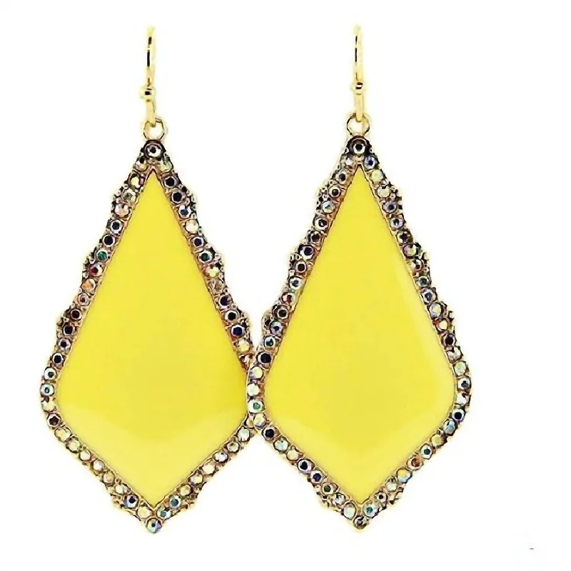 Women's Enamel Teardrop Earrings Outlined With Rhinestones In Yellow