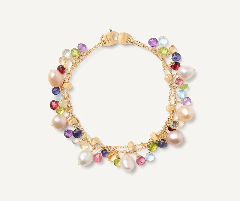 18K Yellow Gold 2-Strand Gemstone Bracelet With Freshwater Pearls