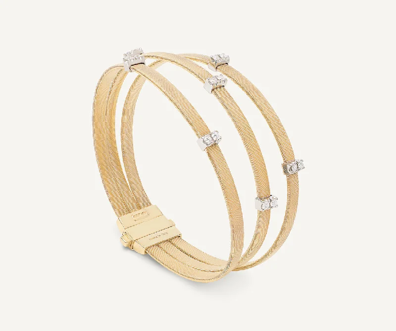 18K Yellow Gold 3-Strand Coil Bracelet With Diamonds Stations