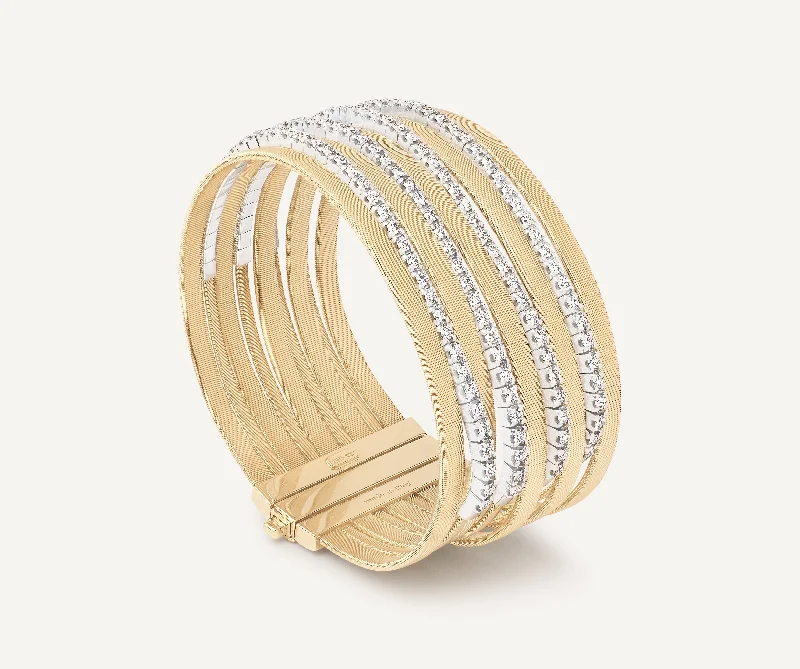 18K Yellow Gold 9-Strand Bracelet with Diamond Pavé Bands