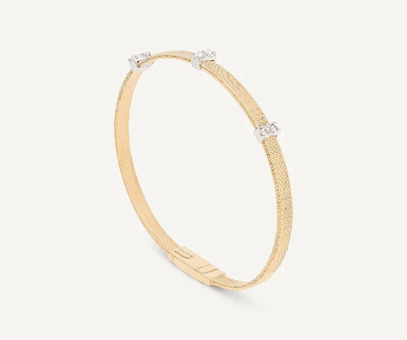 18K Yellow Gold Medium Stackable Bracelet With 3 Diamonds Pavé Stations