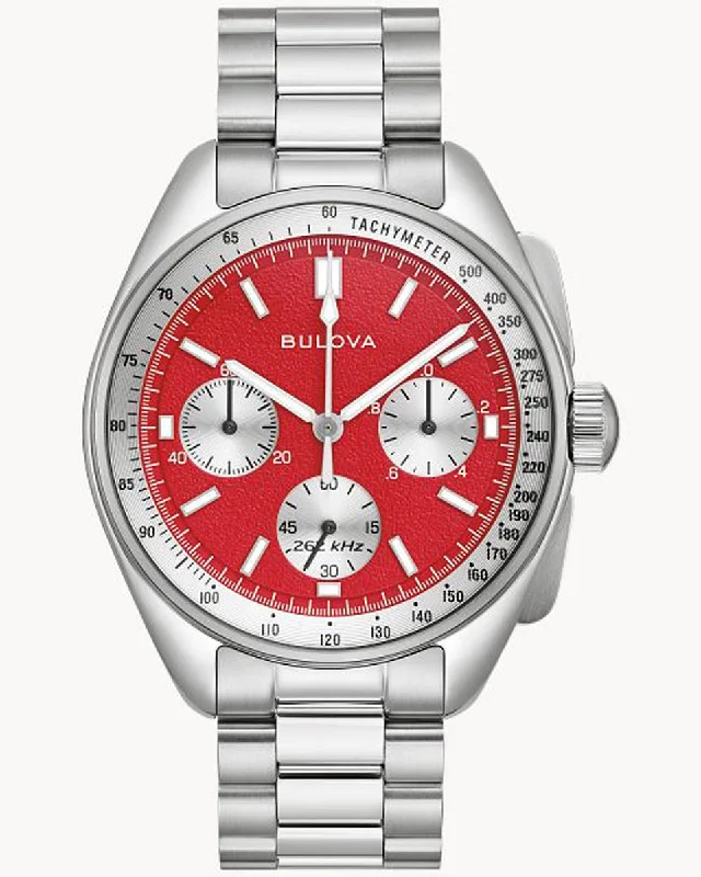 Bulova Lunar Pilot Watch with Red Dial and Stainless Steel Bracelet (quartz movement)