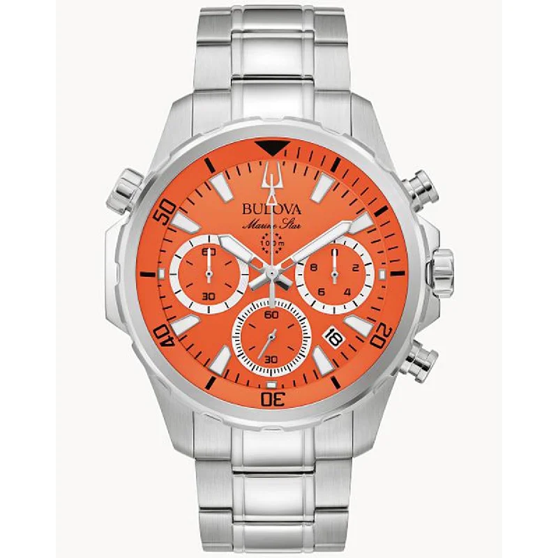 Bulova Marine Star Mens Chronograph Watch with Orange Dial and Stainless Steel Bracelet (quartz movement)