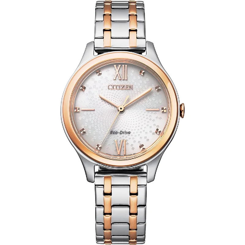 Citizen Womens Watch with White Dial and Rose and White Stainless Steel Bracelet (eco drive movement)