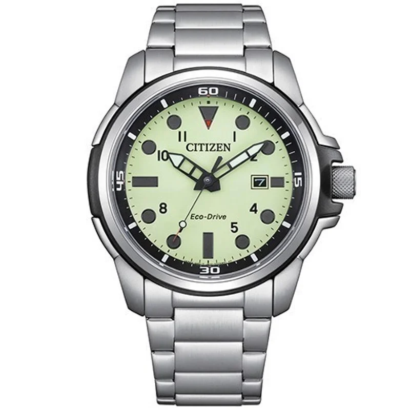 Citizens Mens Watch with Yellow Luminous Dial and Stainless Steel Bracelet (eco drive movement)