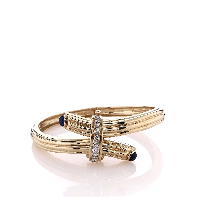 Estate 14k Yellow Gold Ribbed Diamond and Sapphire Bypass Bangle