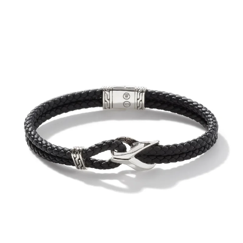 John Hardy Classic Chain Collection Mens Asli Double Row Bracelet in Black Leather and Sterling Silver