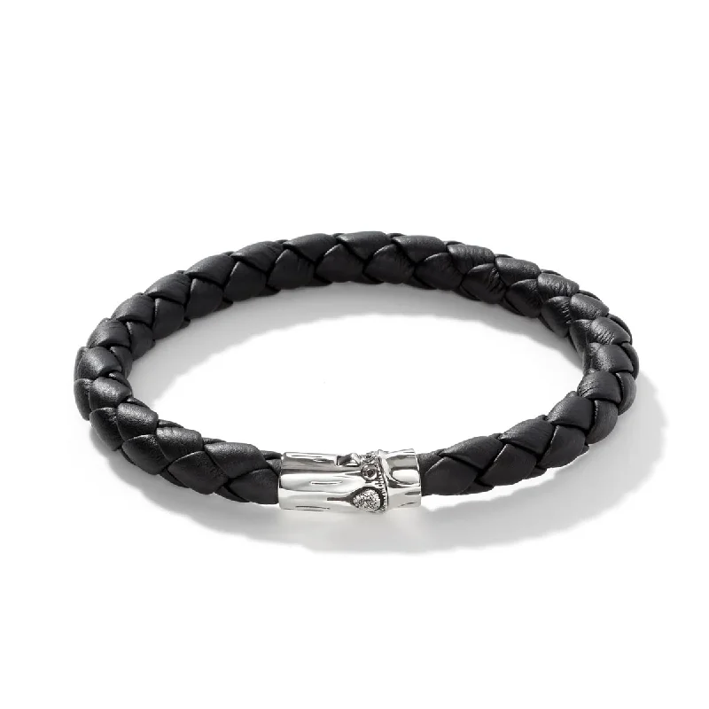 John Hardy Mens Bamboo Black Woven Leather Bracelet in Sterling Silver