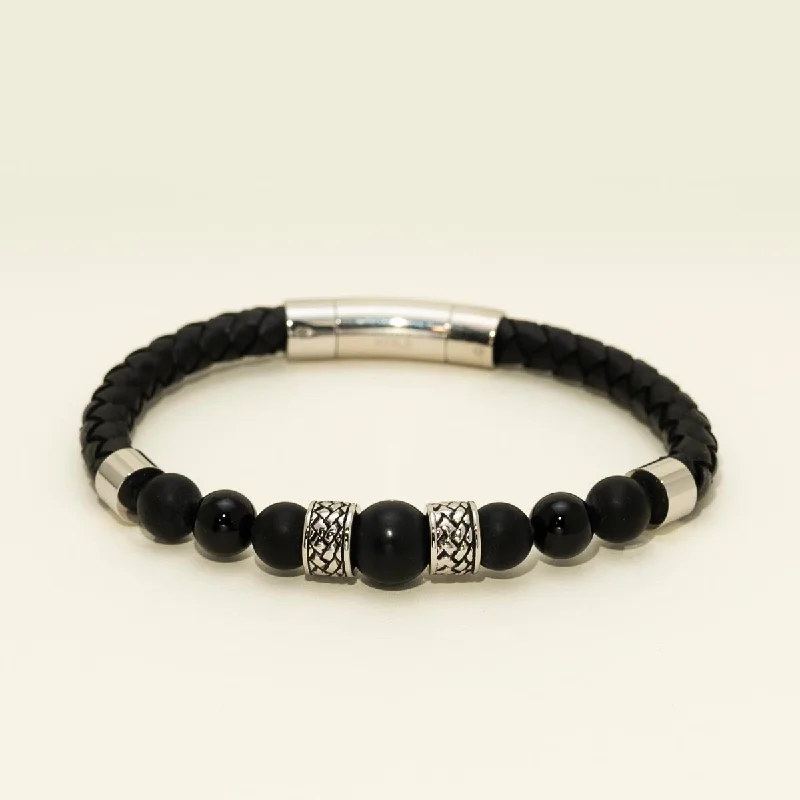 Mens Onyx Bracelet in Stainless Steel and Leather