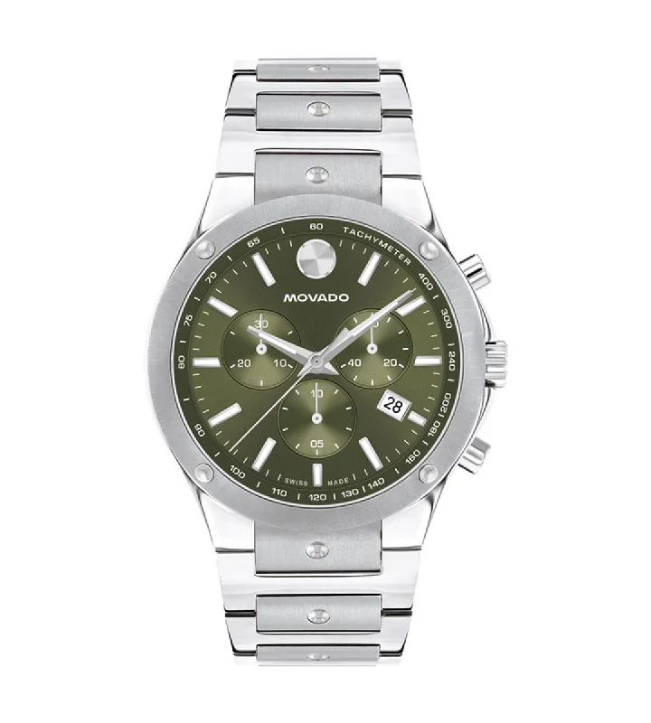 Movado SE Chronograph Mens Watch with Green Dial and Stainless Steel Bracelet (Swiss quartz movement)