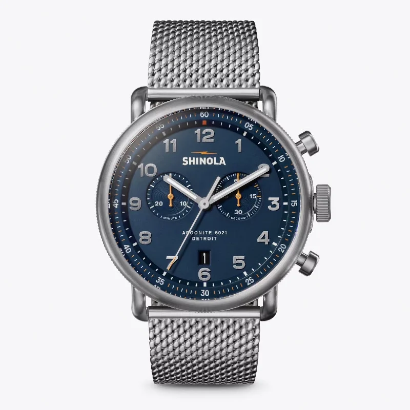 Shinola Canfield Mens Chronograph Watch with Blue Dial and Stainless Steel Mesh Bracelet (quartz movement)