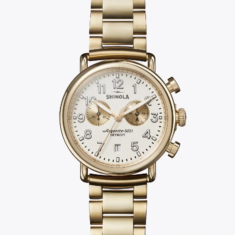 Shinola Runwell Chronograph Mens Watch with Cream Dial and Gold Toned Stainless Steel Bracelet (quartz movement)