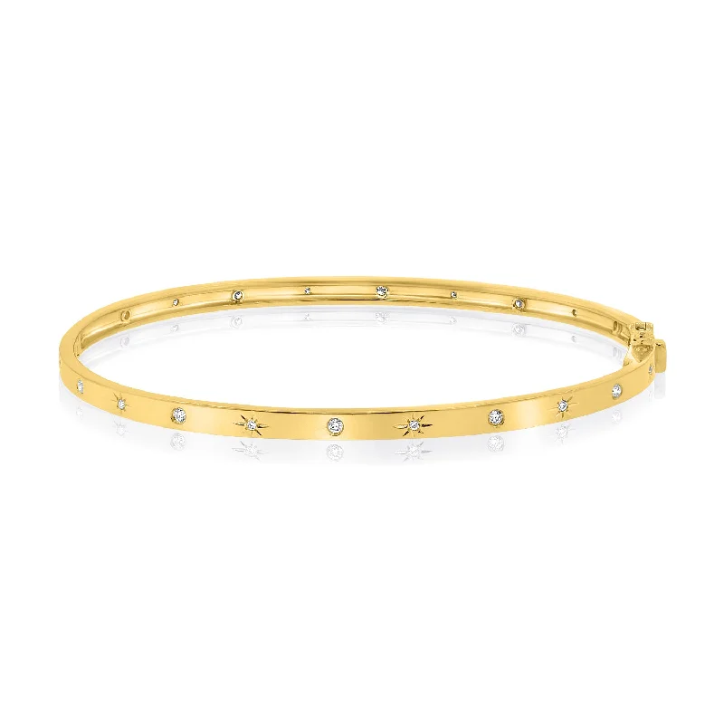 Unique 14K Gold Starbust Pattern Diamond Bangle